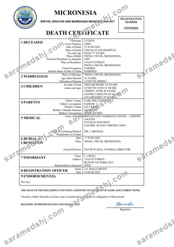 Micronesia vital record death certificate Word and PDF template